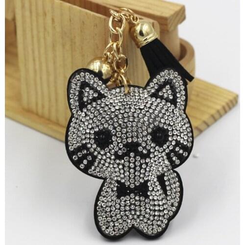 Cartoon Cat Tassel Keychain Leather Animal Bag Car Pendant Gold Chain Key Holders Crystal Rhinestone Women Men Key Rings Gift