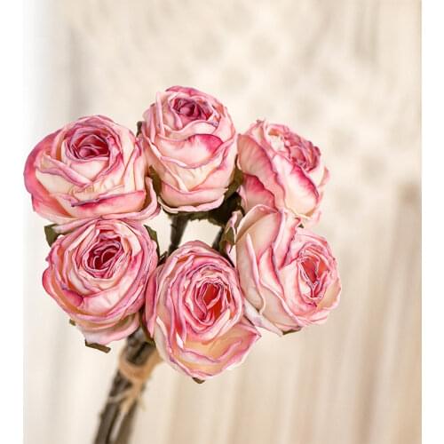 6PCS/bunch Retro Roasted Edge Rose Artificial Flower Home Decoration Fake Flower Wedding Bouquets Coke Edge Silk Rose