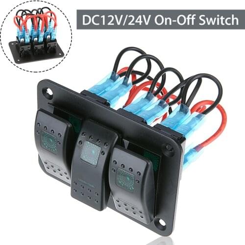 DC 12V-24V 3 Gang Rocker Switch Panel Green LED Car Marine Boat Circuit Breaker Switch Panel with DIY Sticker