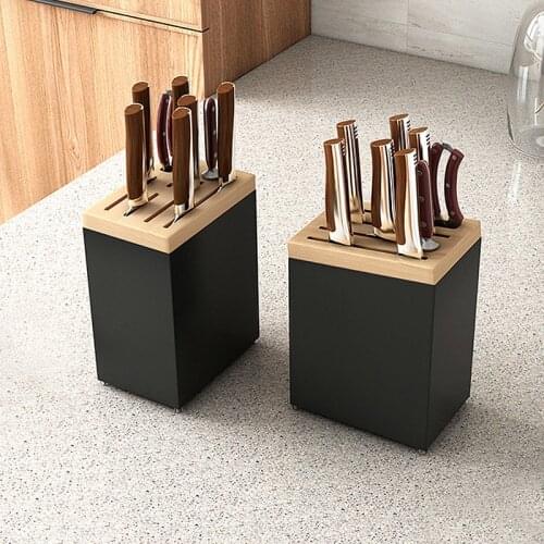 Stainless Steel Knife Holder Black 7 Hole Wood Kitchen Knife Stand Multi-purpose Scissors Sharpener Shelf Knives Block Accessory