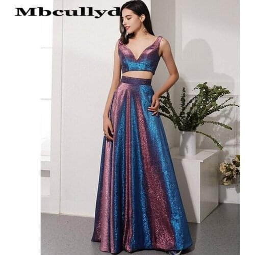 Mbcullyd Vestidos De Gala Sexy Two Pieces Long Prom Dresses 2020 A-line V-Neck Formal Party Gowns for Graduation Free Shipping