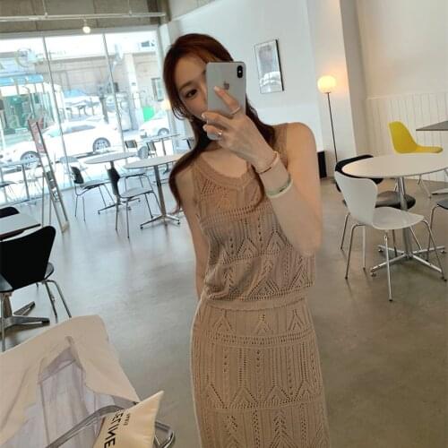 Fashion Womens Knitted Suit 2021 Summer Thin Section Slim Strap + Vest Skirt Two-piece Set
