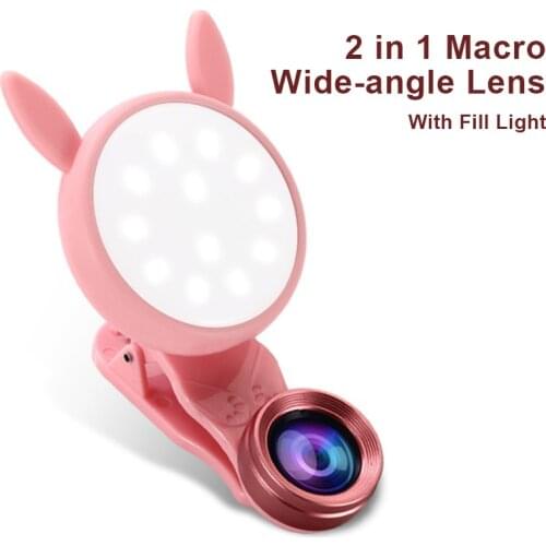 Selfie lens with beautifying light 2in1 Phone Lens Wide Angle Lens+ 20X Macro Lens With Adjustable Fill Light Smartphone Lenses