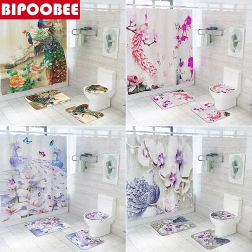 Beautiful Peacock Bathroom Curtain Set Elegant Fashion 3d Shower Curtain Bath Mats Rugs Toilet Cover Anti-slip Carpet Home Decor