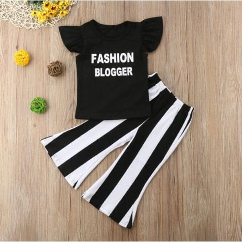 1-6Y Kids Baby Girl Black Fashion Clothes Sets Ruffles Letter Print Top T-shirt+Striped Flare Pants 2PCS Summer Outfit