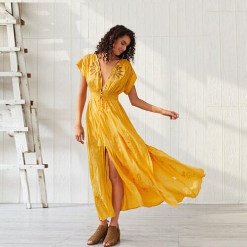 2021 Canwedance Boho Floor-length Dress V-neck Button Lace Up Yellow Maxi Dress Holiday Style Hollow Out Embroidery Dress