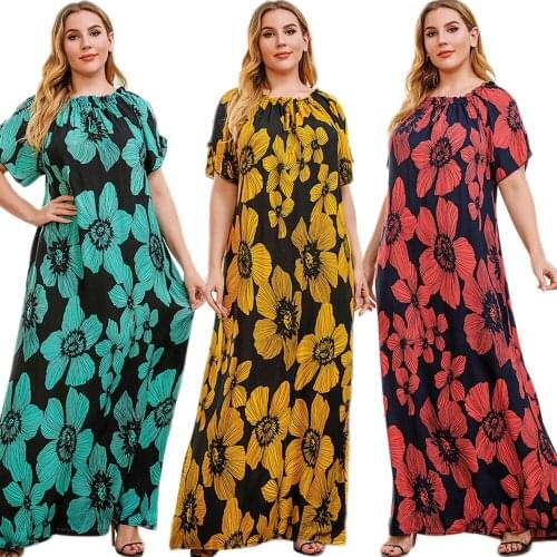 Muslim Print Long Dress Bohemian Casual Summer Short Sleeve Sundress For Women Kaftan Middle East Islamic Ramadan Vestido Plus
