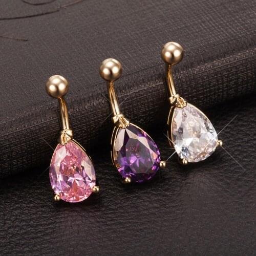Simple Water Drop Zircon Medical Stainless Steel Belly Button Ring Gold Metal Crystal Stone Navel Piercing Body Jewelry