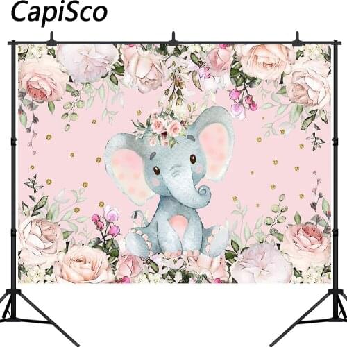 Capisco Elephant Baby Shower Background Pink Girl Photography Backdrop Floral Girl Birthday Party Banner Backdrops Photocall