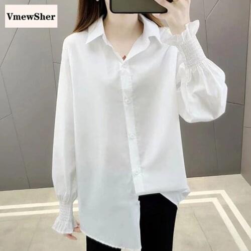 VmewSher New Spring Puff Long Sleeve Women Shirts Plain White Chiffon Turn Down Collar Female Casual Single Breasted Solid Shirt