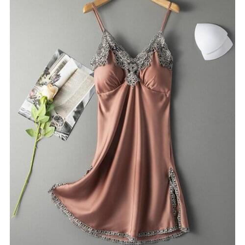 Women Sexy Nightgown Satin Lace Sleepwear Suspender Nightdress Summer Dressing Gown V-Neck Side Split Sleepdress Lingerie