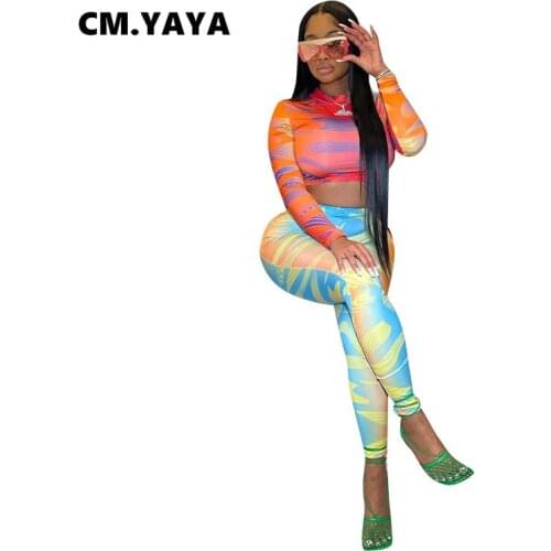 CM.YAYA Women Set Print Full Sleeve O-neck Crop Tops Stretchy Pencil Pants Two 2 Piece Set Active Tracksuit Casual Outfit Summer