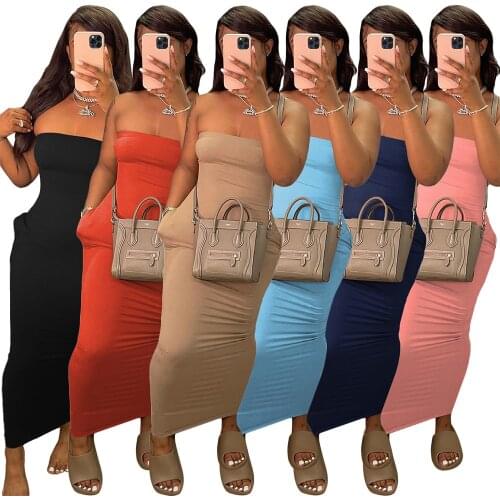Casaul Women Long Dress Strapless Off Shoulder Skinny Fitness Solid Color Summer Clothes For Women