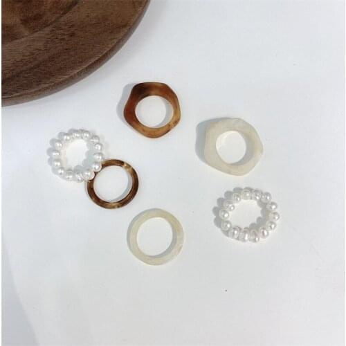 Origin Summer Statement Smile Face Round Beaded Imitation Pearl Ring for Women Open Adjustable Letter Chain Metal Ring Jewelry