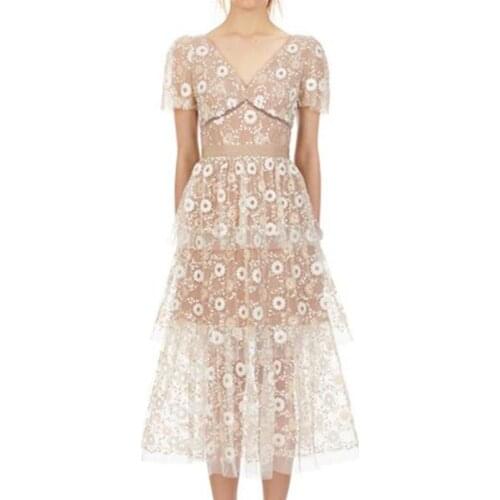 Quality Fashion Sequined Embroidery Cascading Summer Dress Women Layers Cake Sexy V-Neck Short Sleeve Mesh Long Dress Robe