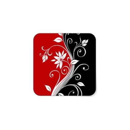 3.8cm Red White & Black Floral Square Sticker