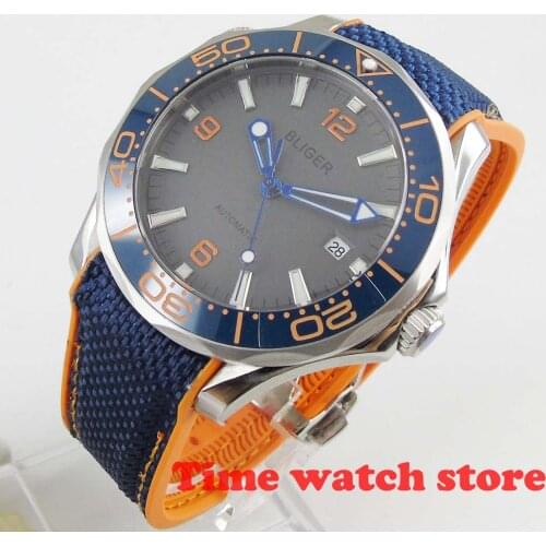 41mm BLiger mechanical watch men waterproof grey dial rubber orange bracelet ceramic Bezel luminous sapphire japan Auto 315