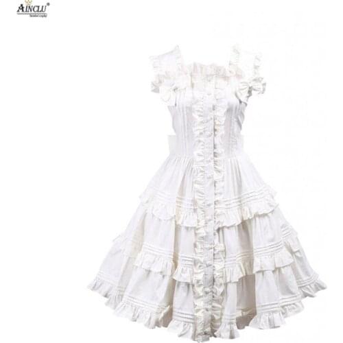 Ainclu XS To XXL Hot Selling Cemavin Womens Cotton Pure White Ruffle Sweet Dreamlike Lolita Dress for usually days and Festival