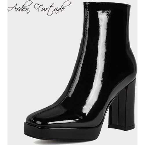 Arden Furtado Fashion Womens Shoes Winter Sexy Genuine Leather Square Head Zipper Chunky White Heels Platform Short Boots
