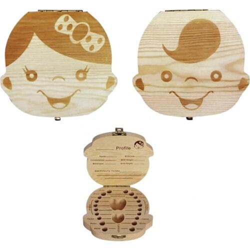 Wooden Baby Tooth Box Spanish/English/Italian/French/Russia/German Milk Teeth Umbilical Organizer Storage Boy Girl Souvenir Gift