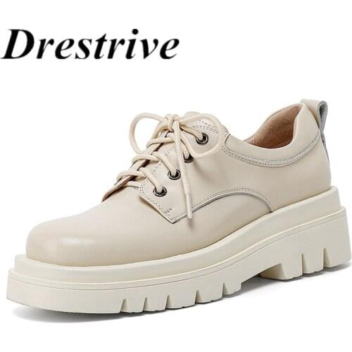 Drestrive Women Pumps Cow Leather Lace Up Round Toe Platform Girls Casual Shoes 2021 Spring Black Thick Heel Shallow