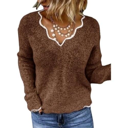 Ele-choices S-3XL Cute Women Autumn Solid Color Long Sleeve V Neck Jumper Warm Ruffle Knit Sweater