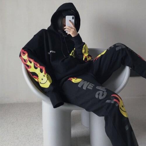 Hip Hop Streetwear Autumn Winter Casual Loose Fleece Hoodie Sweatshirt Unisex Foaming Smile Flame Print Hooded Pullover Tops Men