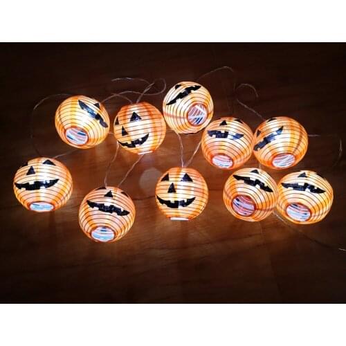 Battery Power Nylon Cloth Lantern Halloween Pumpkin Stripe Bat String Lights Horror Atmosphere Mixed Face Expression Lamp