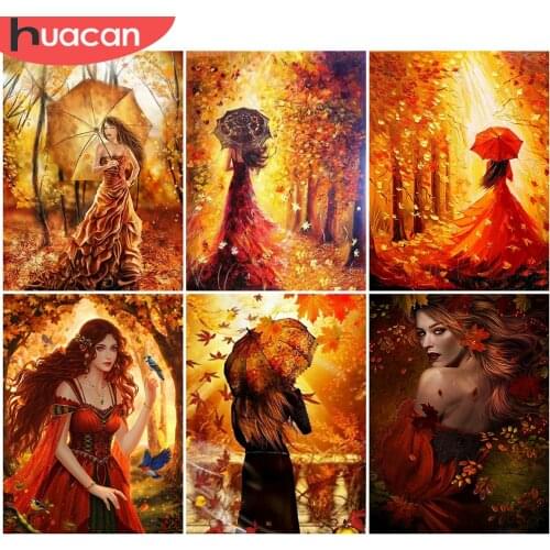 HUACAN 5d Diamond Painting Full Drill Square Woman Diamond Embroidery Portrait Diamond Mosaic Landscape Autumn Decoration