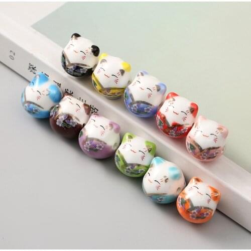 20pcs 14x15mm Color Painting Smile Face Cat Ceramic Beads DIY Loose Spacer Lucky Cat Ceramic Bead For Jewelry Making Accessories