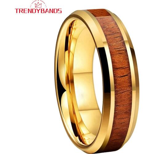Gold 8MM Mens Womens Tungsten Carbide Rings Wedding Band Koa Wood Inlay Beveled Edges Comfort Fit