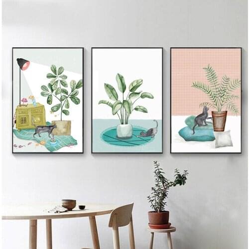 Cat and Potted Plant Wall Art Posters Prints Table Lamp Warm Home Canvas Art Painting Nordic Style Girl Wall Picture Home Décor