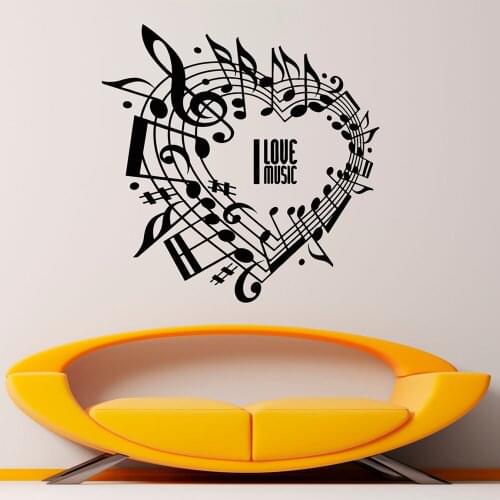 Music Quote Wall Decal I Love Music Treble Clef Notes Wall Sticker Vinyl Removable Interior Home Bedroom Decoration Mural X338