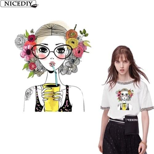 Nicediy Flower Girl Patches Iron on Heat Transfer Printed Patch Stickers for Clothes Jeans T-shirts DIY Applique Washable Decor