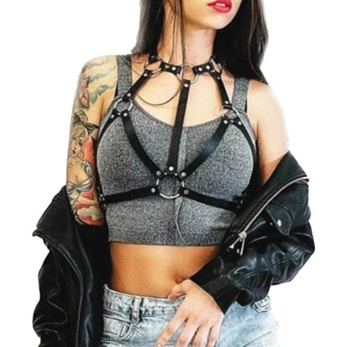 Newest Hot Women Ladies Fashion Punk Gothic Bra Leather Harness Belt Body Bondage Top Chest Straps Black