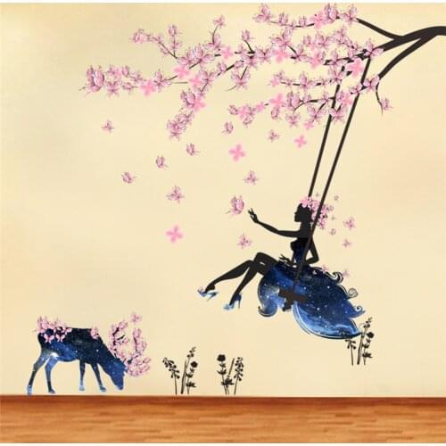 Romantic Flower Fairy Girl Butterfly Wall Stickers Beautiful Deer Swing For Kids Rooms Decal Home Decor Wallpaper Mural Poster