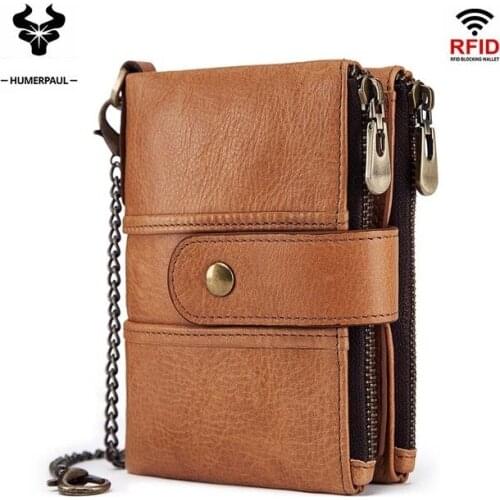 Luxury Genuine Leather Wallet RFID Anti-theft Brush Wallet Buckle Double Zipper Fashion Coin Purse Multiple Card Slots Money Bag