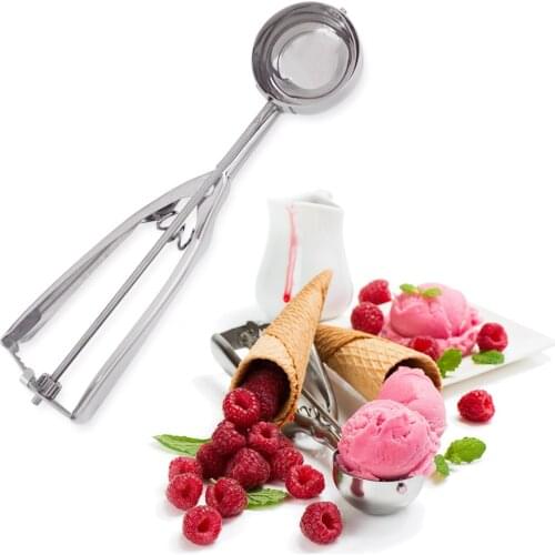 Silver Stainless Steel Ice Cream Scoop Mash Potato Spoon Spring Handle Food Baller Fast Kitchen Tool