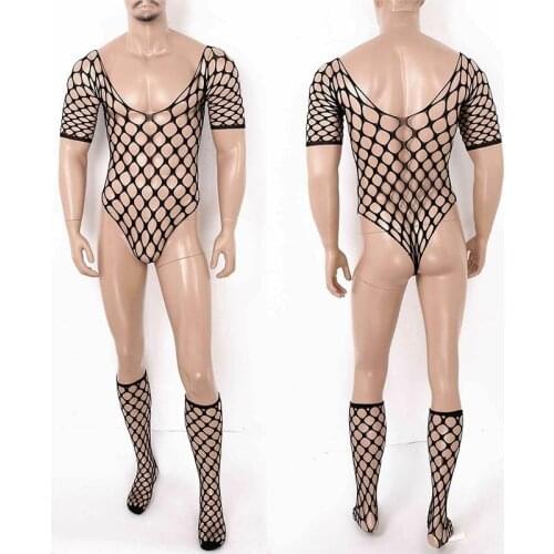 Sissy Men Women Jumbo Net BodyStocking See-through Jumpsuit Fishnet Crotchless Bodysuit Lingerie