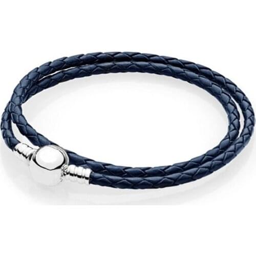 Dark Blue Leather Bracelet 925 Sterling Silver Round Clasp Womens Bracelets fine DIY Charm bangle Homme Jewellery Gift