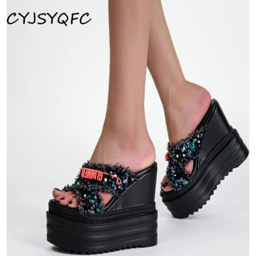 CYJSYQFC Summer Rhinestone Wedges Heel Women Slippers Peep Toe Height Increasing Platform Slides 2021 Sexy Ladies Shoes Zapatos