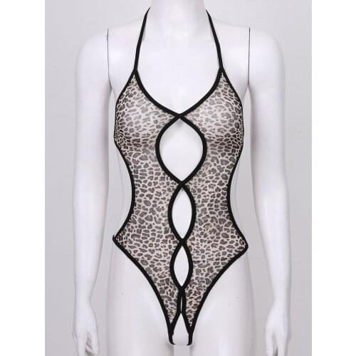 Womens Femme Halter Neck Hollow Out Crotchless Sissy Bodysuit Lingerie Underwear See-through Mesh Slim Fit Teddies Nightwear