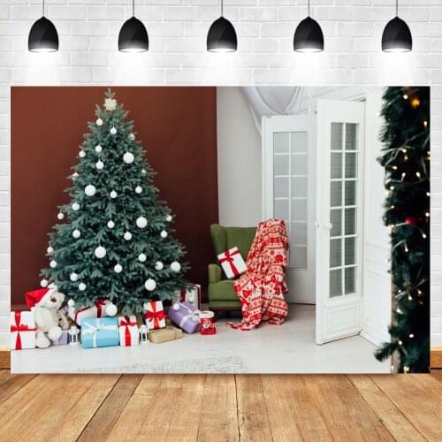 Winter Christmas Christmas Tree Gifts Living Room Wood Door Interior Scene Shoot Photography Background Photo Backdrop Photocall