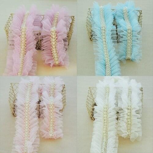 1M Pleated Beaded Lace Fabric Collars Tulle Ribbon Wide 10cm Guipure Material Clothes Sewing Mesh Fabric For Dress Craft QY35