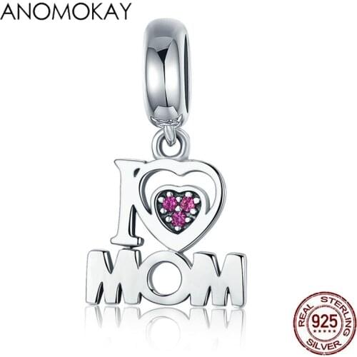 Amomokay 100% Authentic 925 Sterling Silver I Love Mom Letter Charms Pendant fit Bracelet Necklace S925 Jewelry for Mother Gift