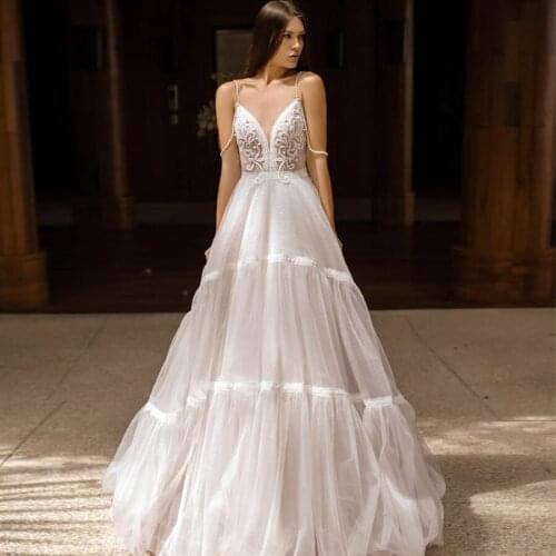 Crystals Two Spaghetti Straps Empire Waist Nude Tulle Ball Gowns Wedding Dresses Sequin Bling Bling Bridal Gown