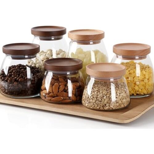 Large/Small Glass Food Storage Container/Canisters with Airtight Wooden Lid for Preserving Kitchen Tea Coffee Sugar Storage Jars