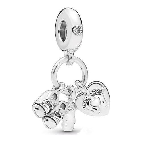 Genuine 925 Sterling Silver Charm My Little Baby With Bottle Booties & Heart Bead Fit Pan Bracelet & Necklace Diy Jewelry