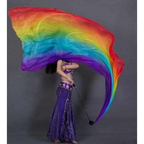 100% Silk Performance Veil Dancer Contrast Colors Light Texture Rectangular Scarf 2.5 Meters Belly Dance Rainbow Veil + POI Ball