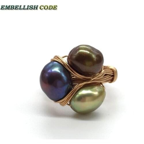 NEW Design original pieces golden with baroque ring pearls hand made rings peacock brown grey mixed color three pearl together